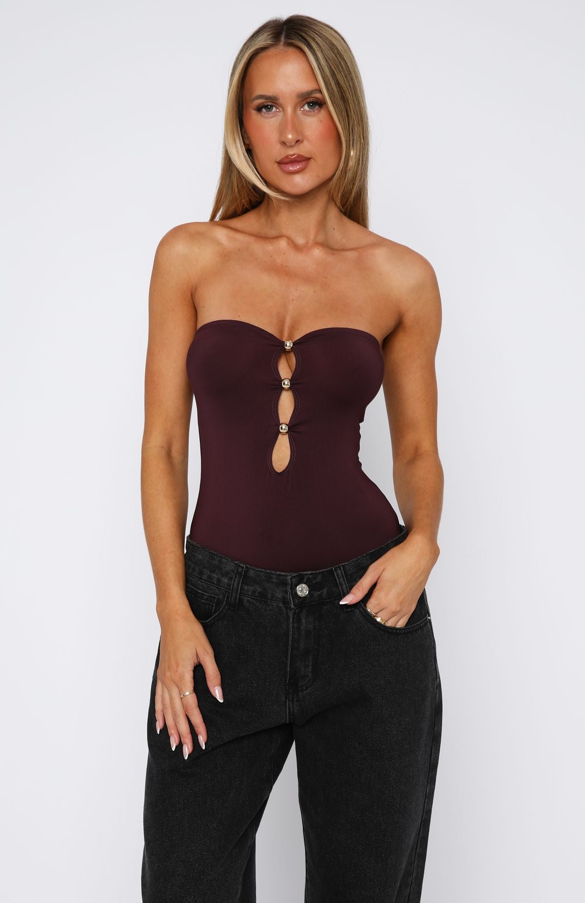 Strapless Plum Bodysuit with Gold Cutout Detail