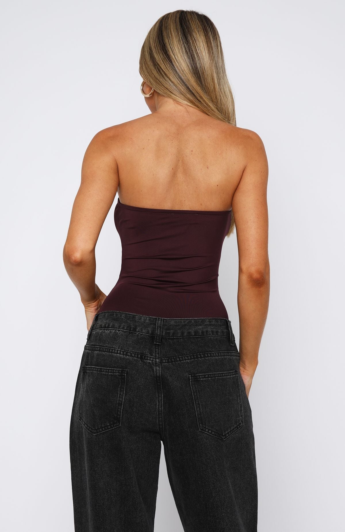 Strapless Plum Bodysuit with Gold Cutout Detail