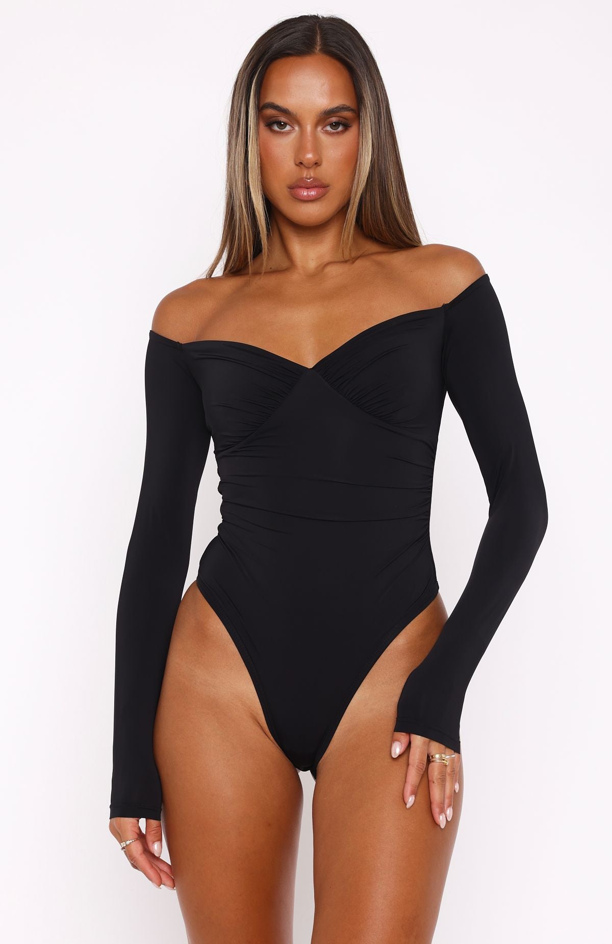 Black Long Sleeve Bodysuit with Sweetheart Neckline | Your Muse