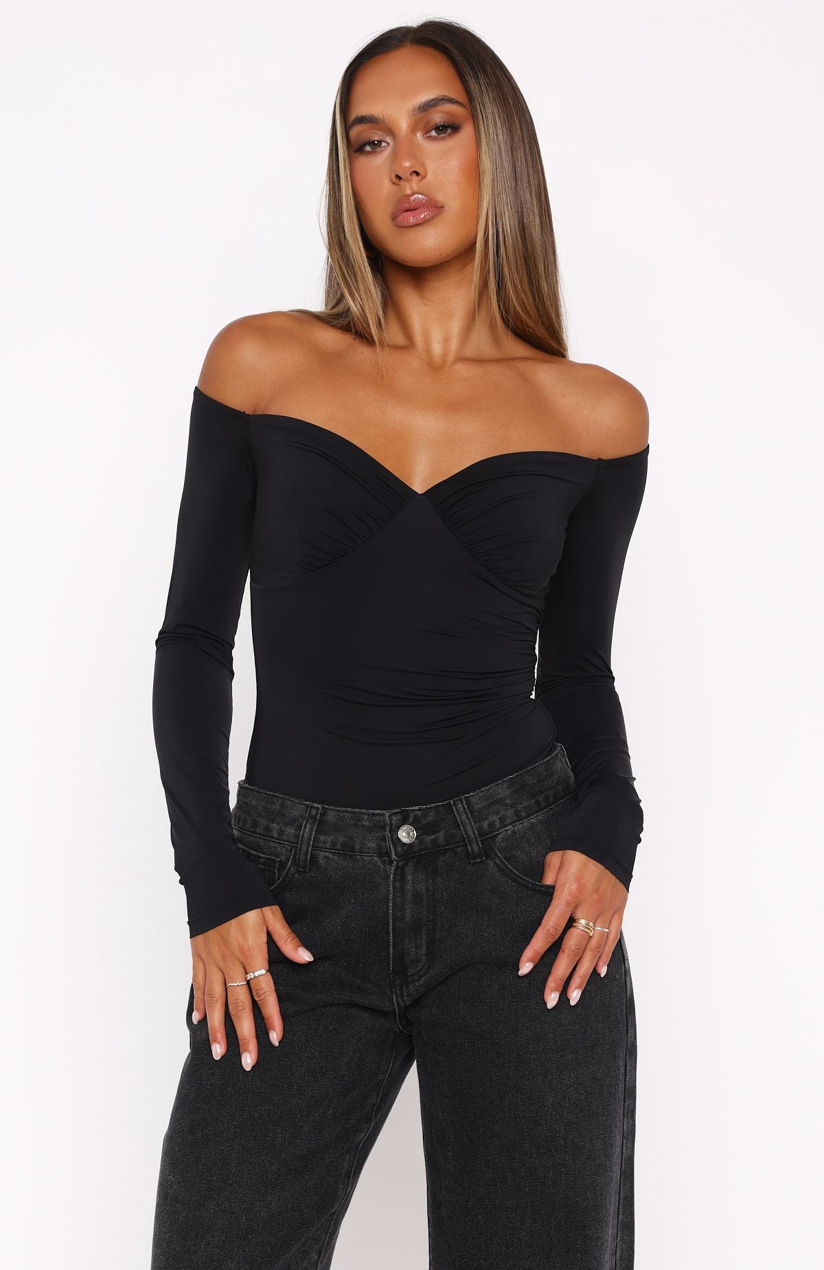 Black Long Sleeve Bodysuit with Sweetheart Neckline | Your Muse