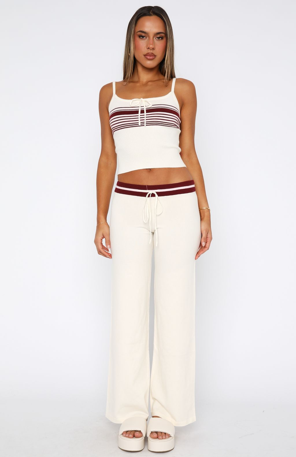 Keep Driving Knit Pants - Burgundy Striped Lounge Pants with Drawstring Waist