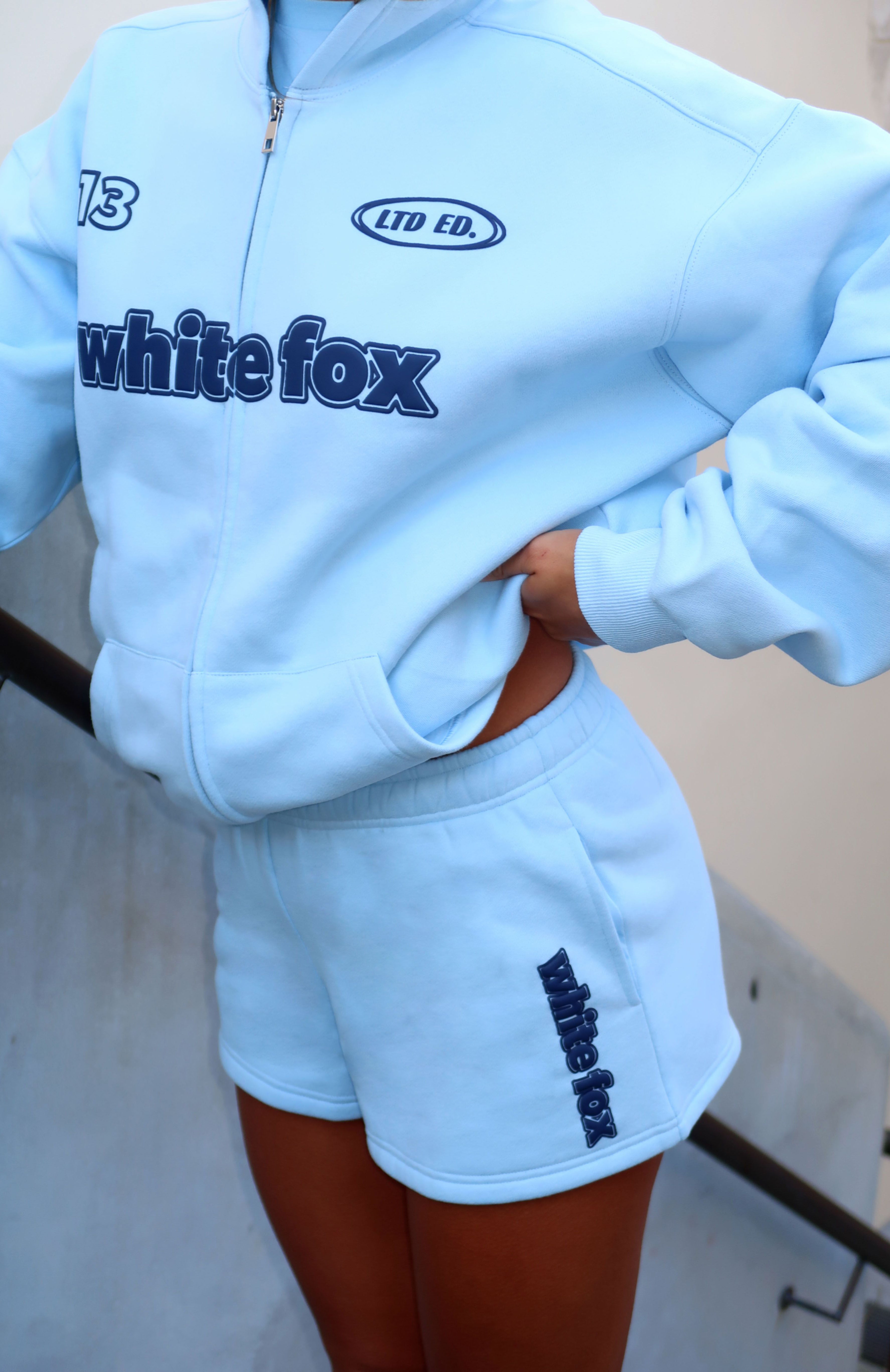 White Fox Baby Blue Lounge Shorts - Fleece Lined Comfort