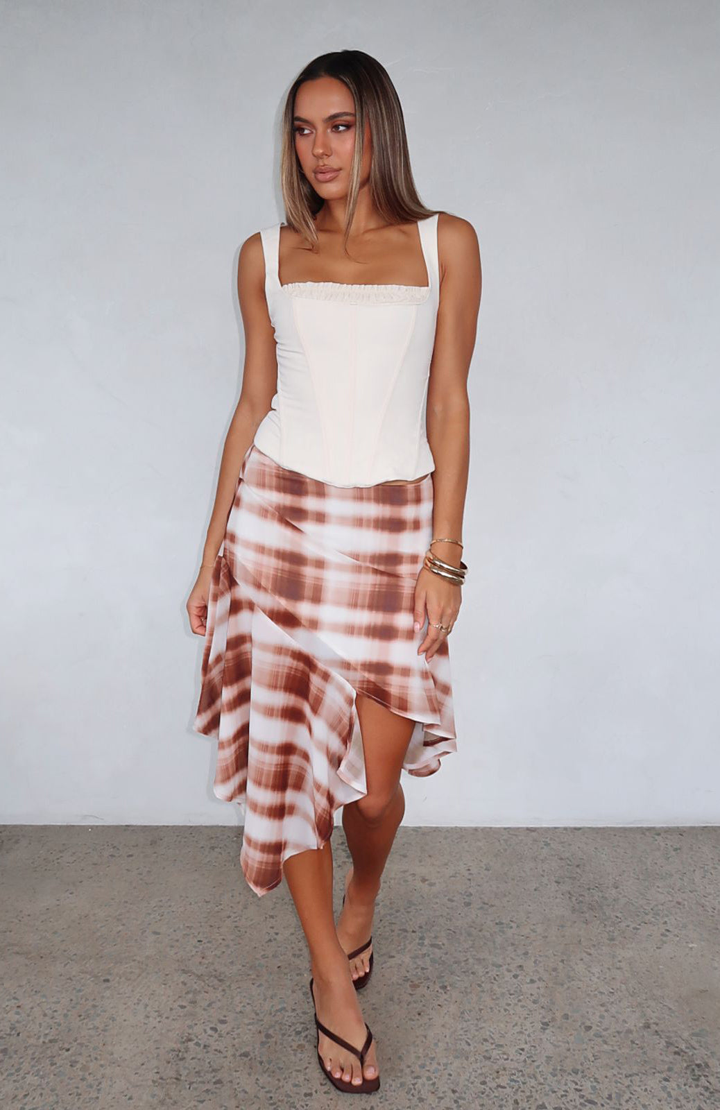 Chocolate Plaid Midi Skirt - Romantic Asymmetrical Summer Skirt