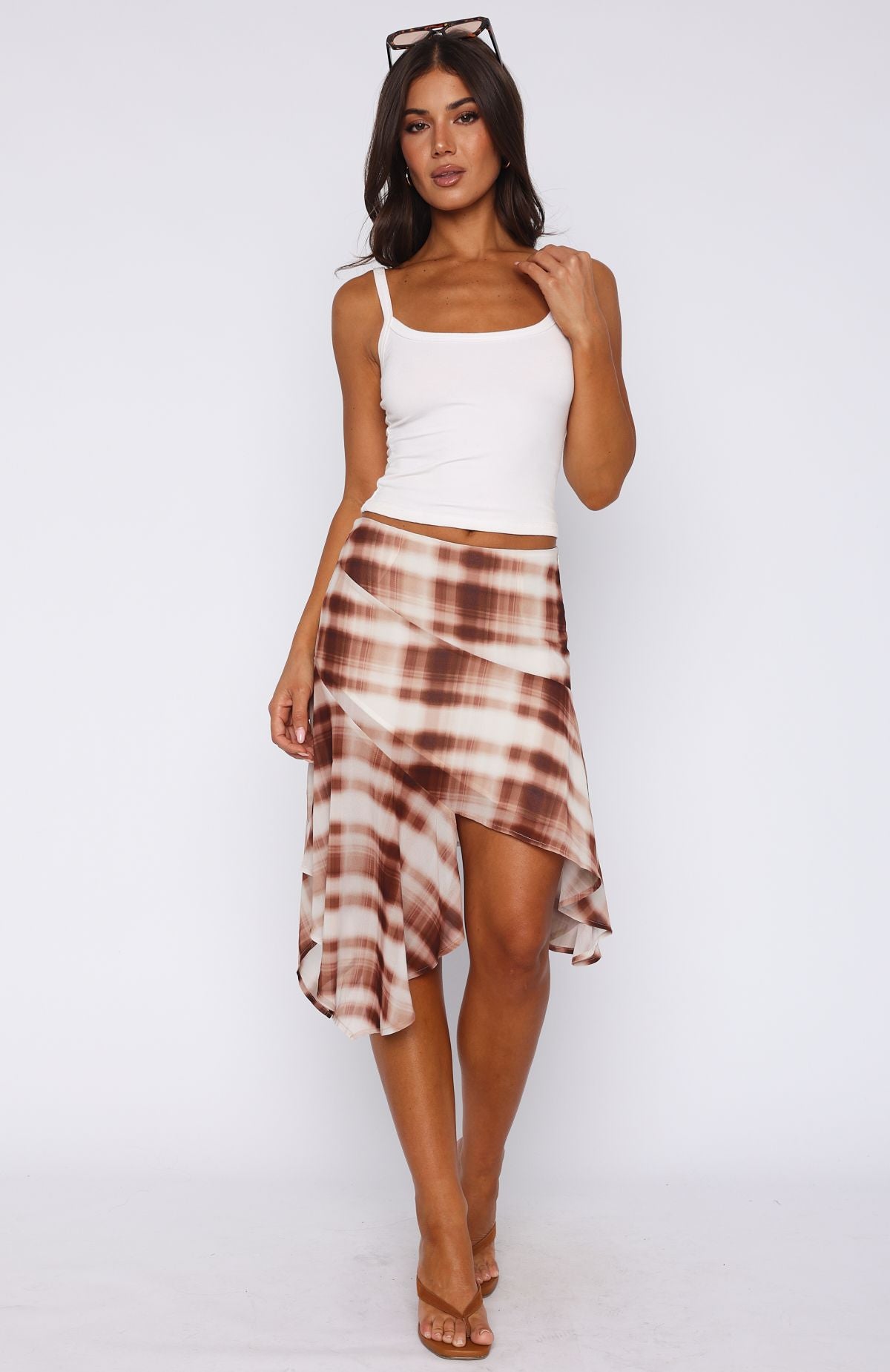Chocolate Plaid Midi Skirt - Romantic Asymmetrical Summer Skirt