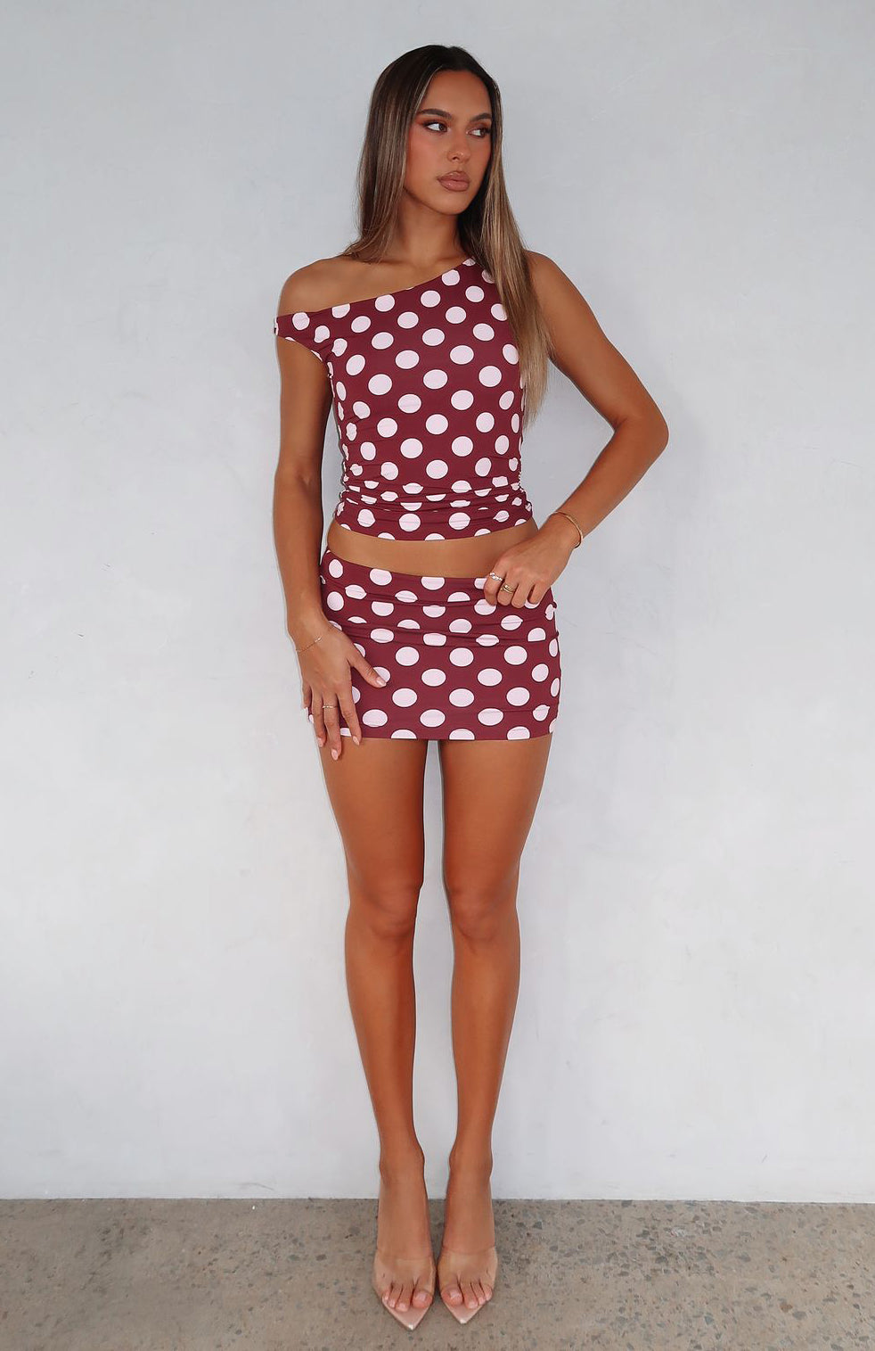 Burgundy Polka Dot Mini Skirt - Low Waist Stretch Fabric
