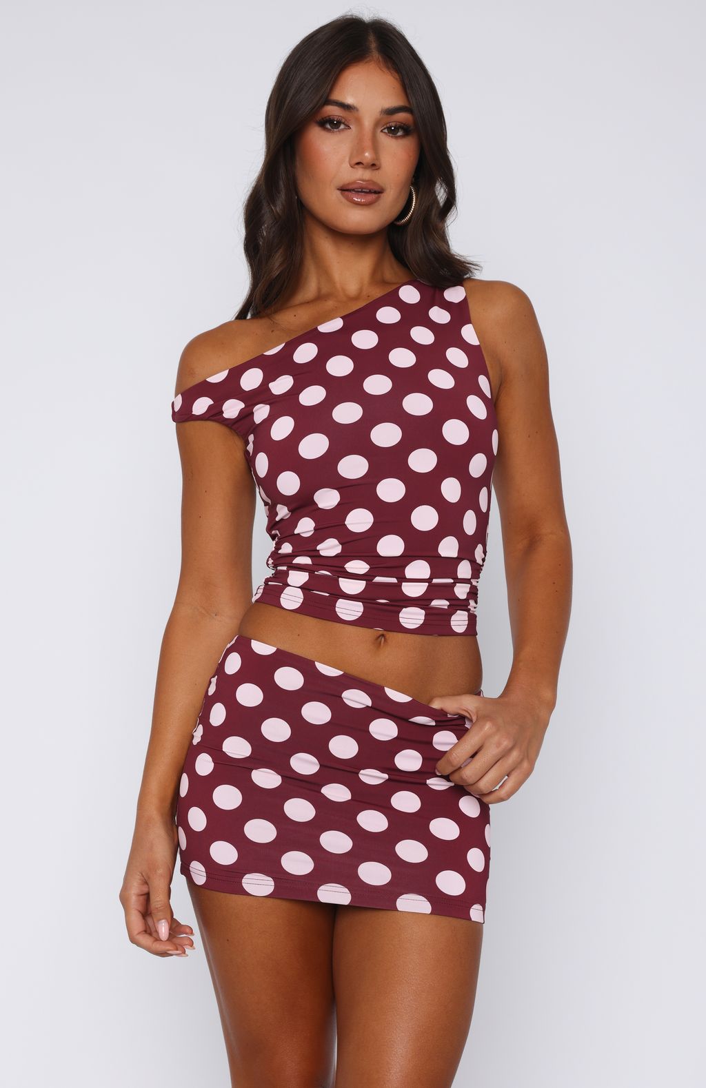 Burgundy Polka Dot Mini Skirt - Low Waist Stretch Fabric