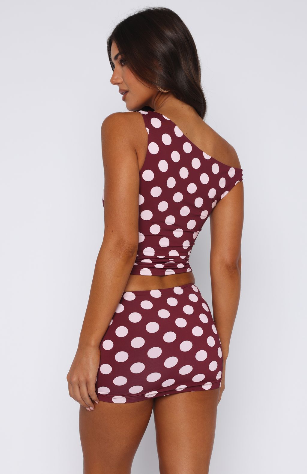 Burgundy Polka Dot Mini Skirt - Low Waist Stretch Fabric