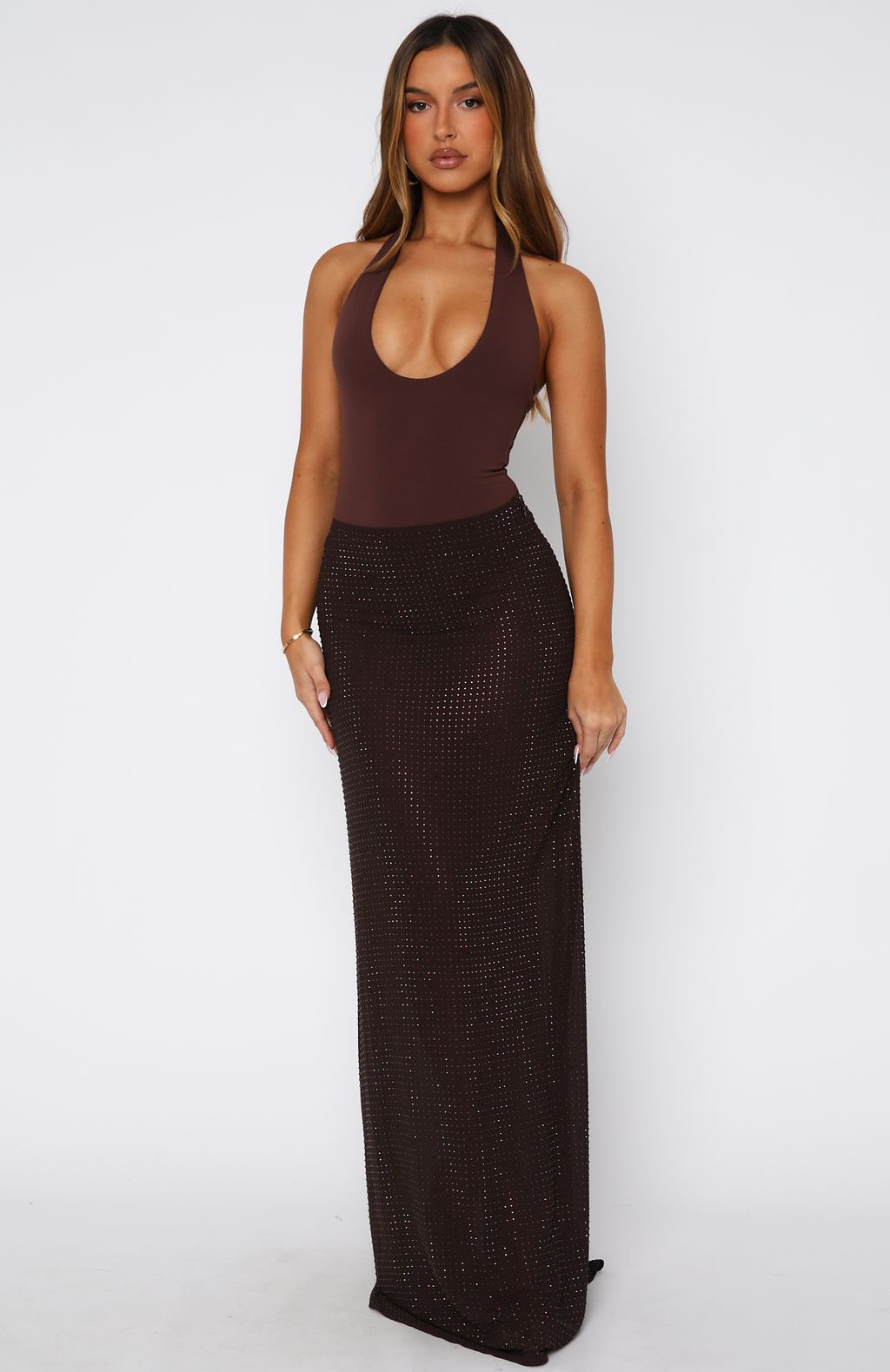 Chocolate Sequin Maxi Skirt with Side Zipper