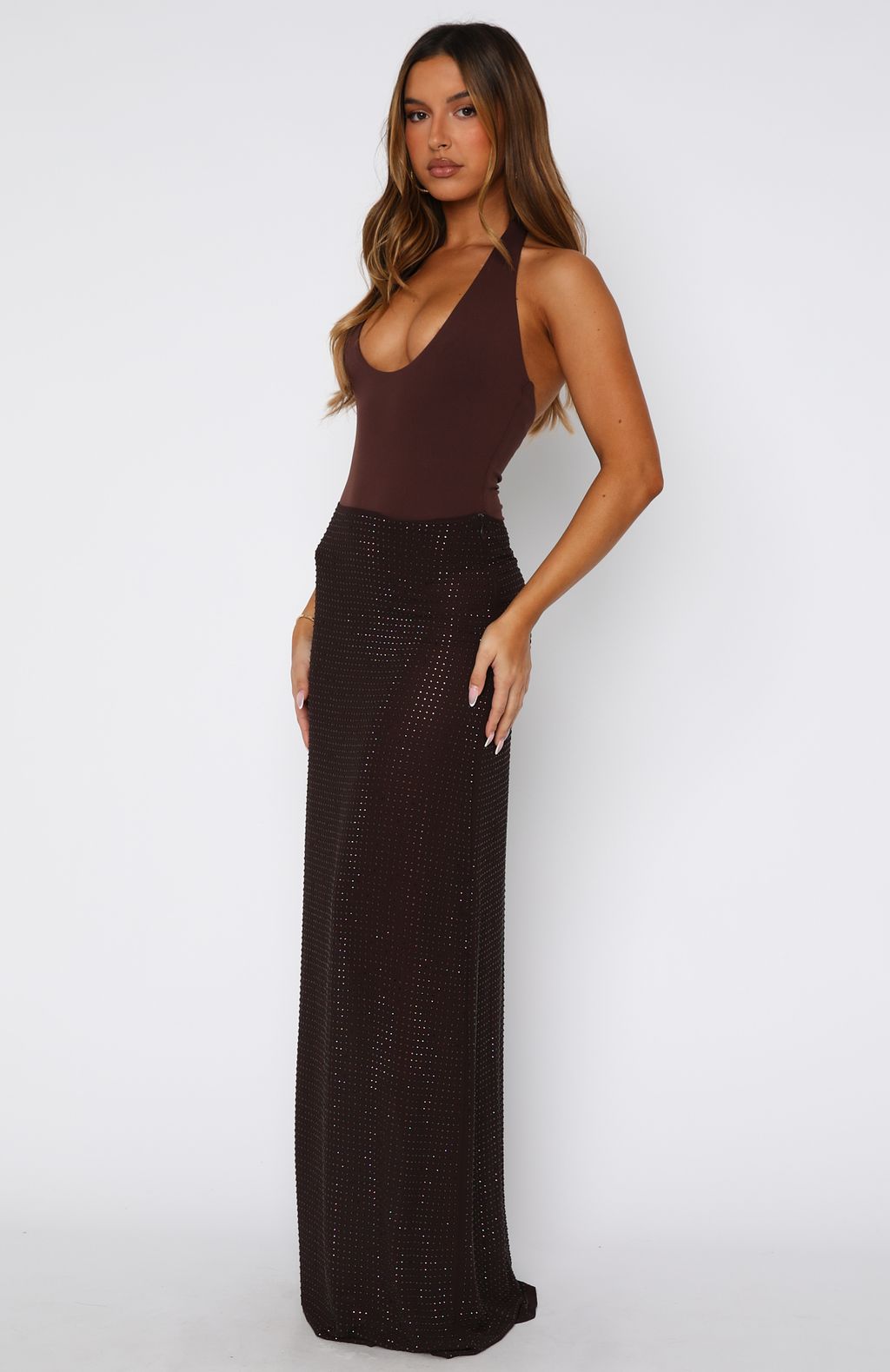 Chocolate Sequin Maxi Skirt with Side Zipper