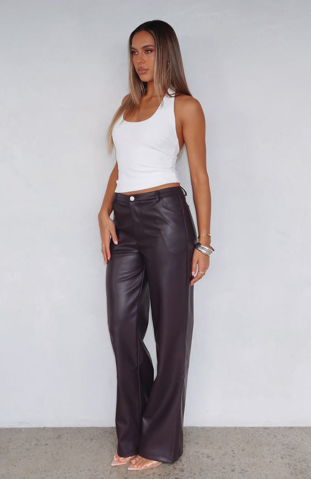Life Affair Deep Mauve PU Pants with Belt Buckle & Pockets