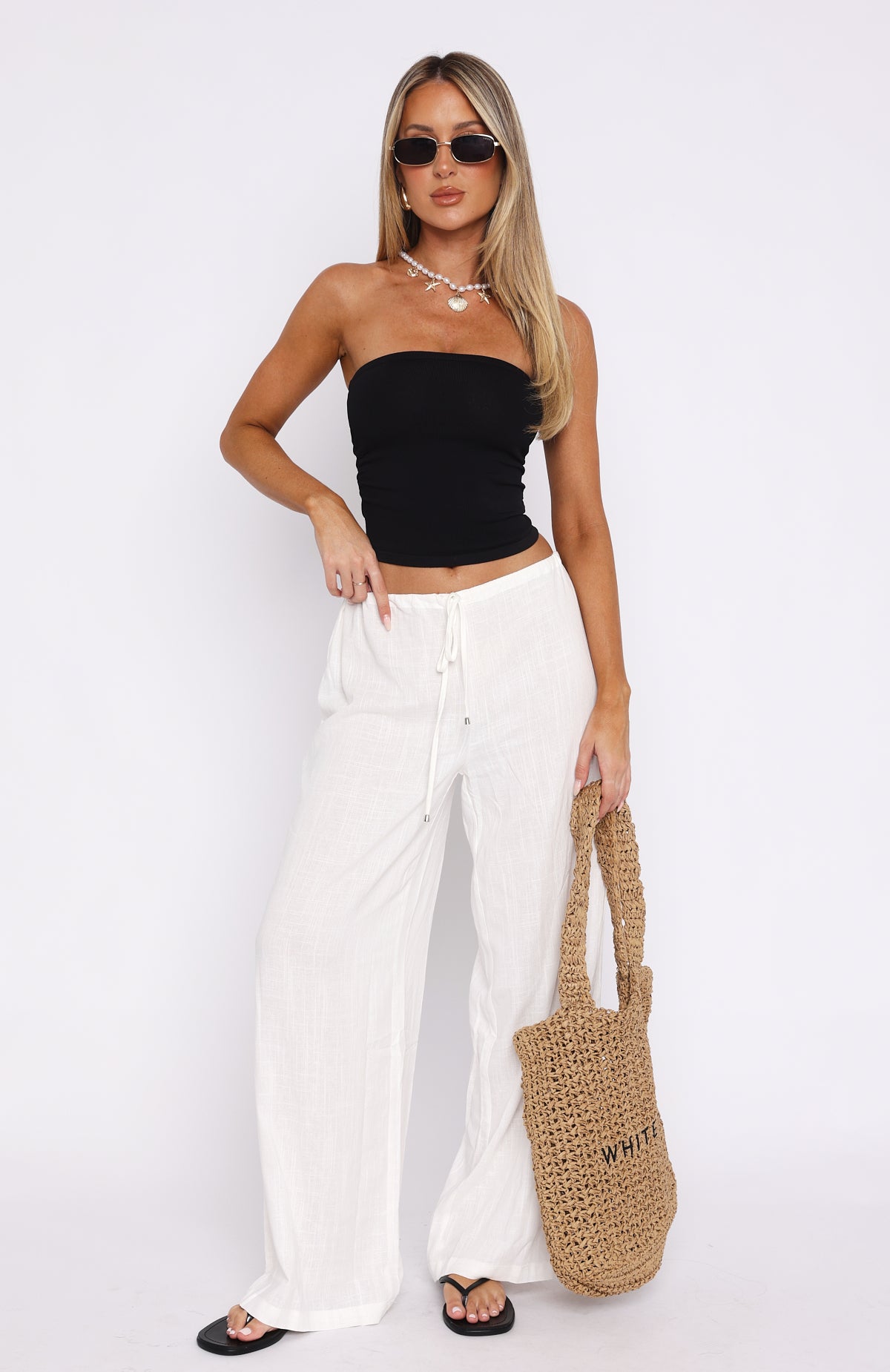 Burning Love White Linen Pants - Adjustable Drawstring & Straight Leg