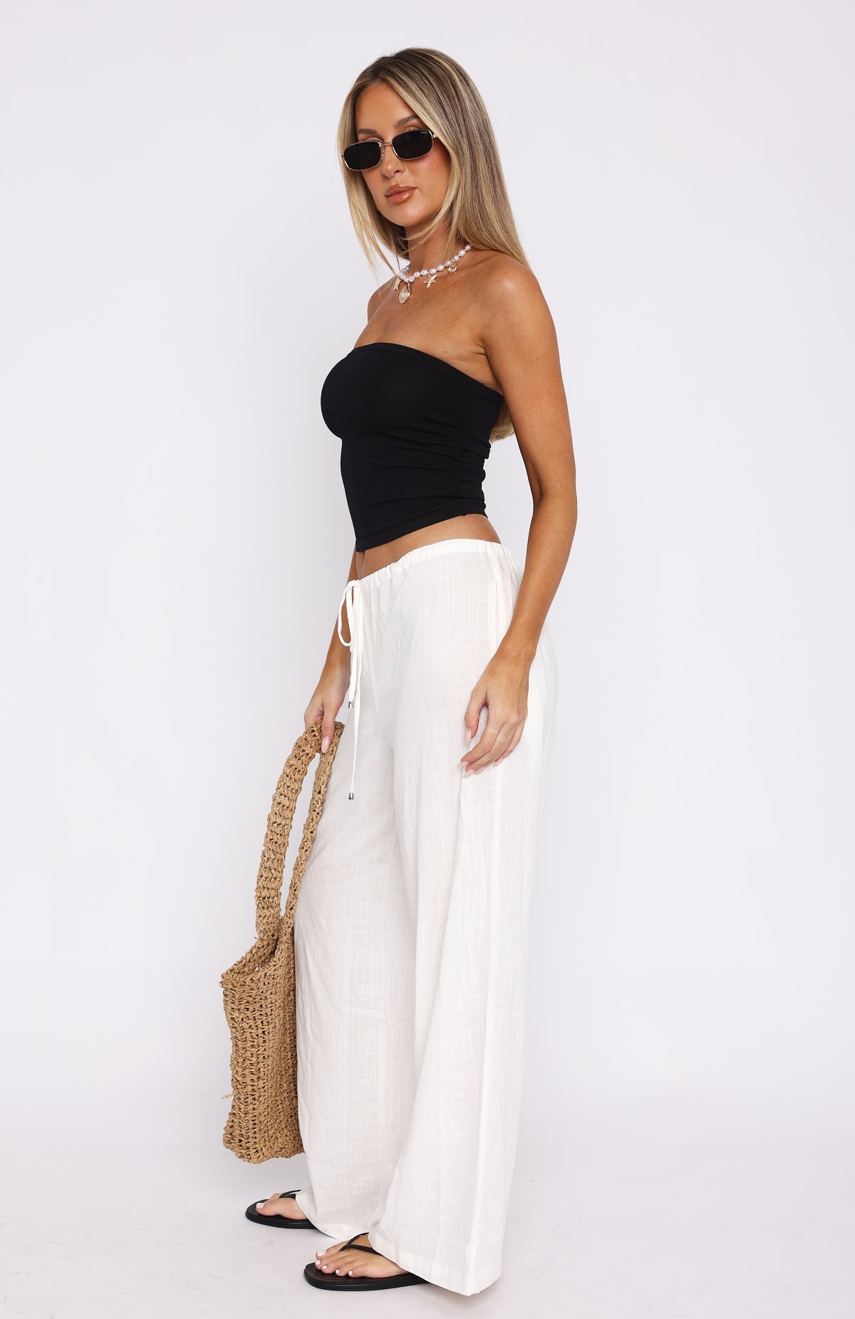 Burning Love White Linen Pants - Adjustable Drawstring & Straight Leg
