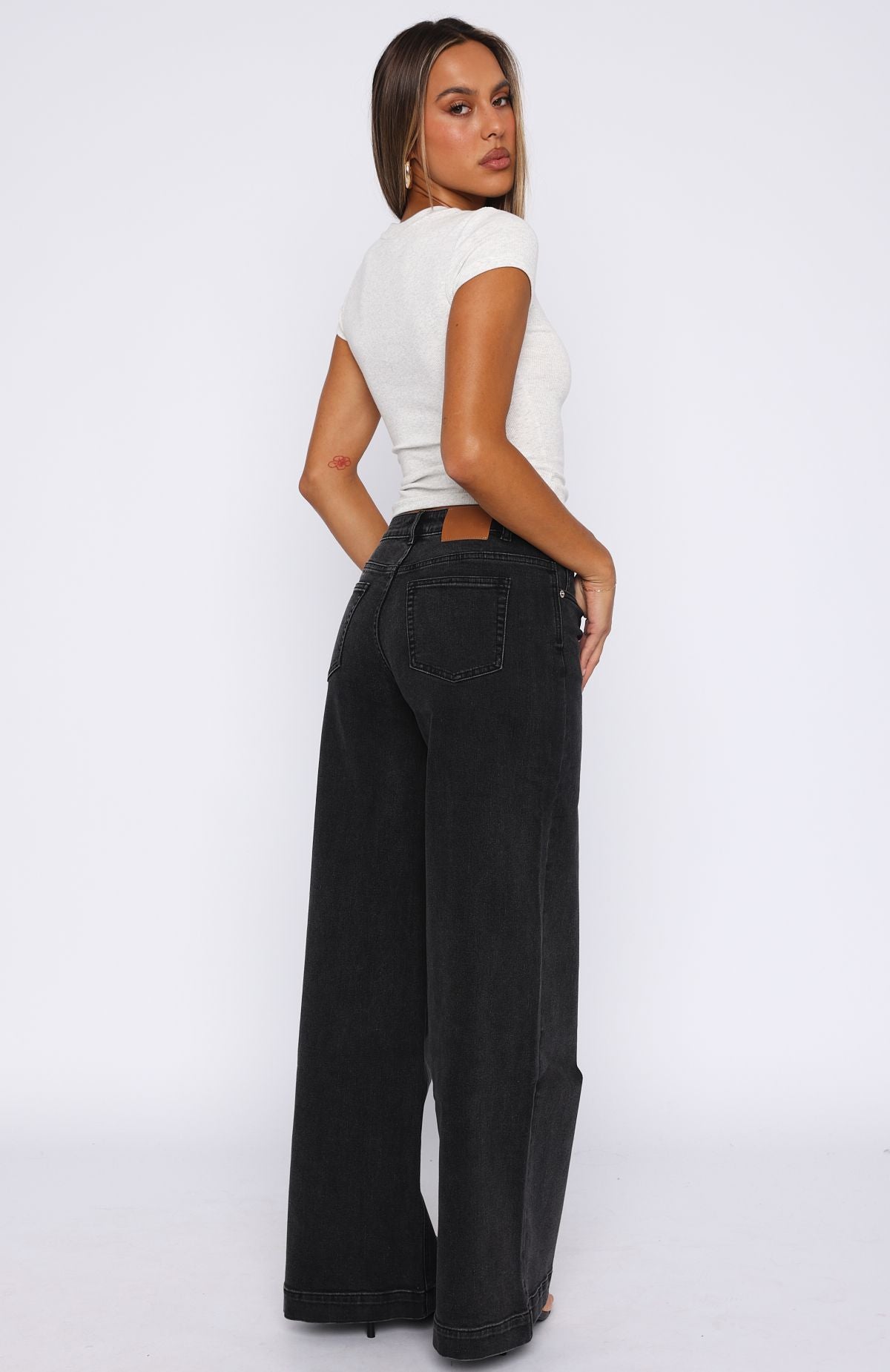 Elena Low Rise Wide Leg Jeans - Black Acid Wash Denim
