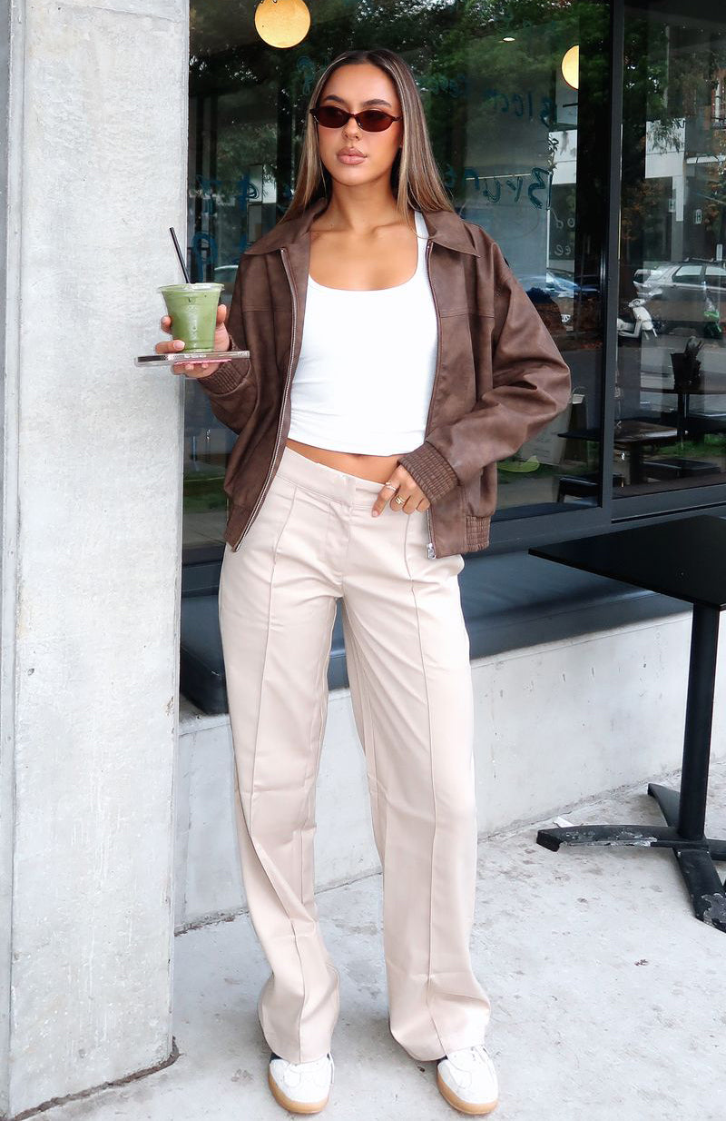 Keep It Cool Wide Leg Pants Beige - Tailored Polyester Trousers