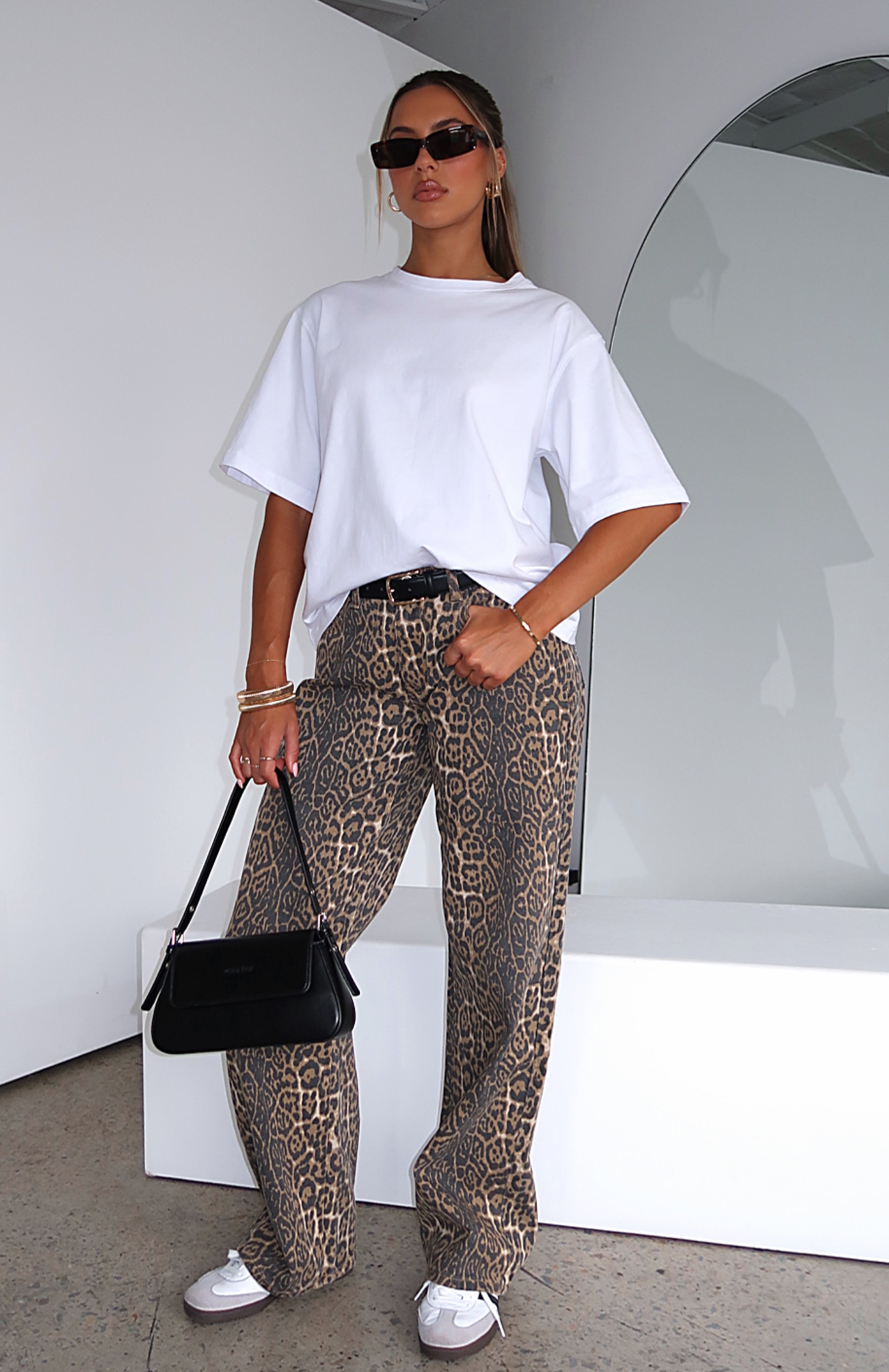 White Fox Stella Low Rise Wide Leg Jeans - Leopard Print