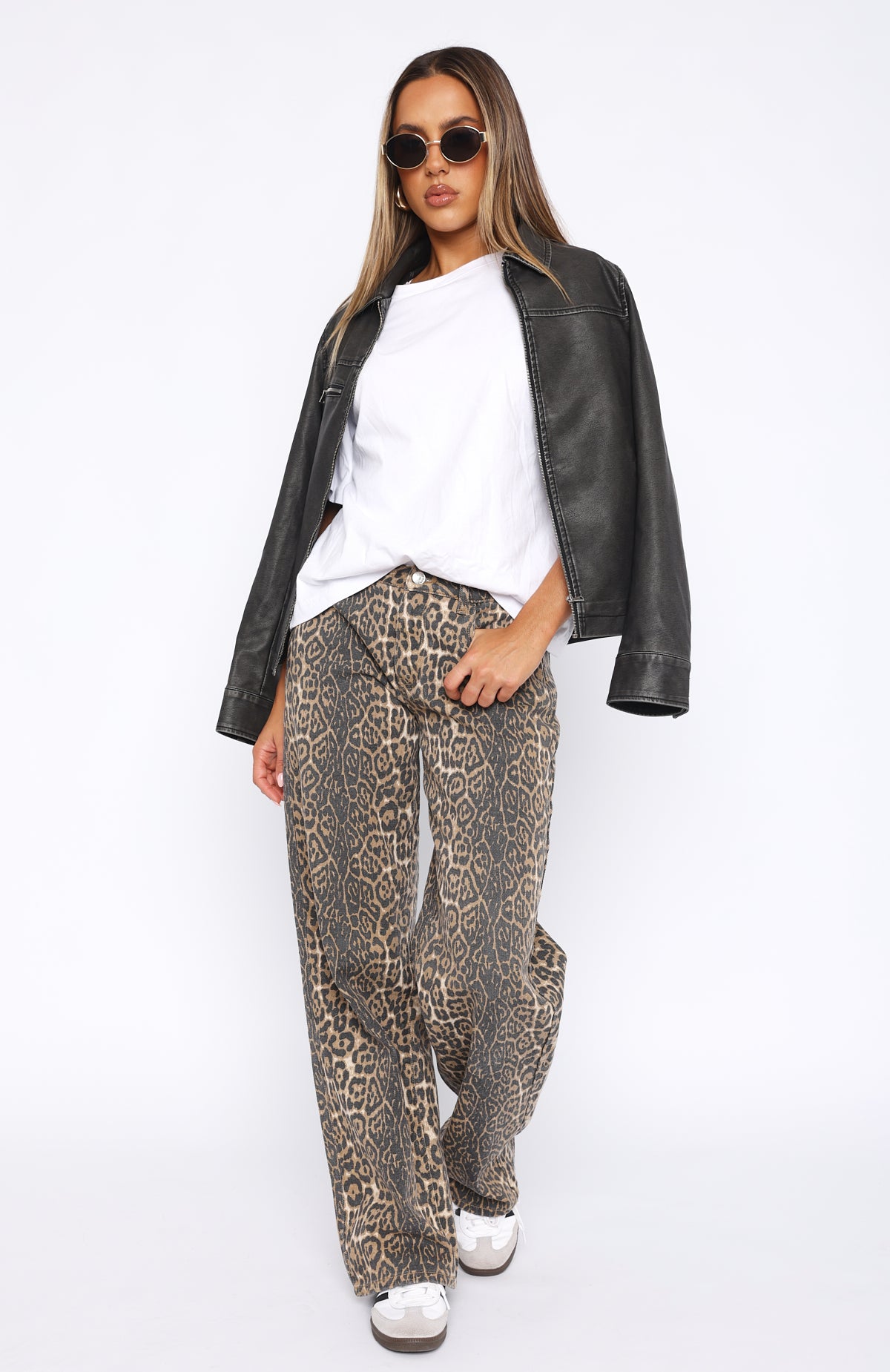 White Fox Stella Low Rise Wide Leg Jeans - Leopard Print