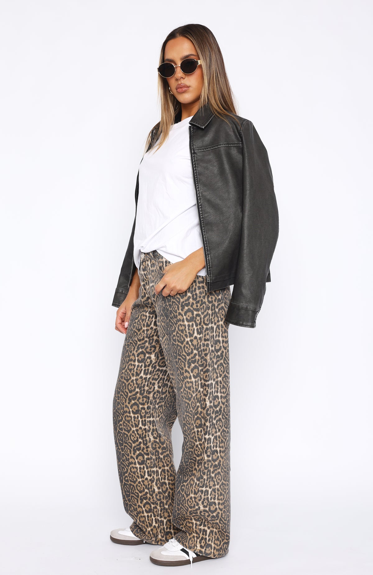 White Fox Stella Low Rise Wide Leg Jeans - Leopard Print