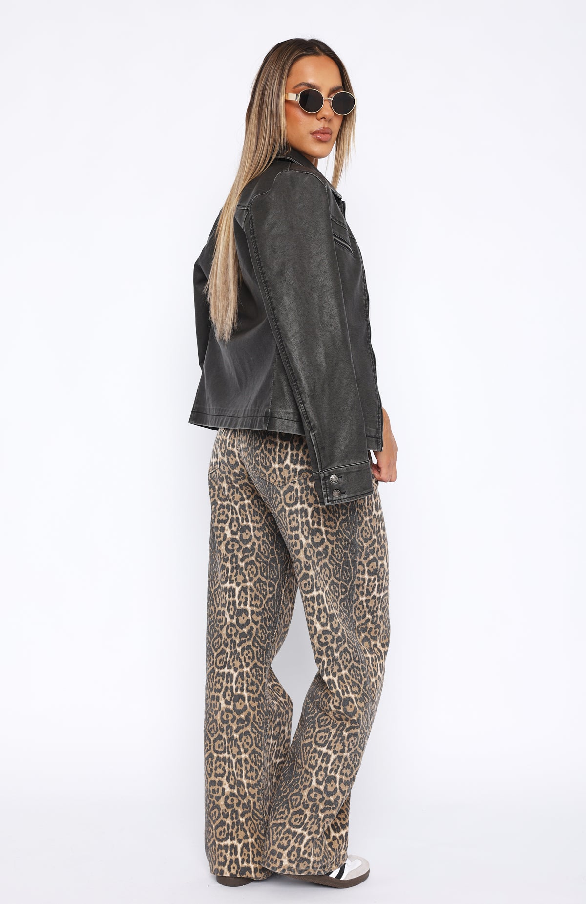 White Fox Stella Low Rise Wide Leg Jeans - Leopard Print