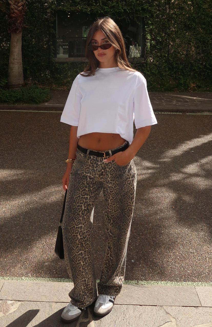 White Fox Stella Low Rise Wide Leg Jeans - Leopard Print