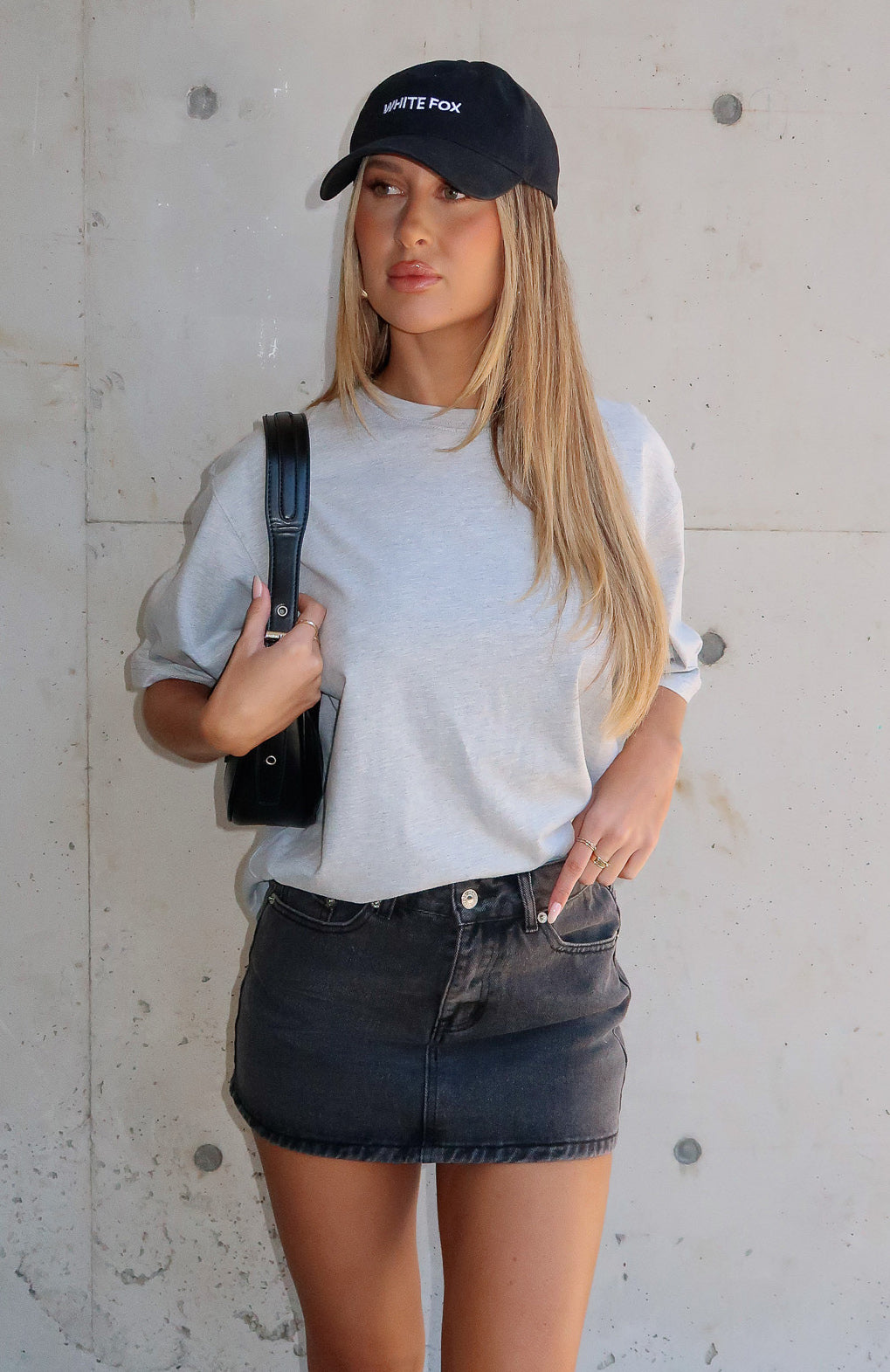 White Fox Denim Mini Skirt - Washed Black with Button & Zipper